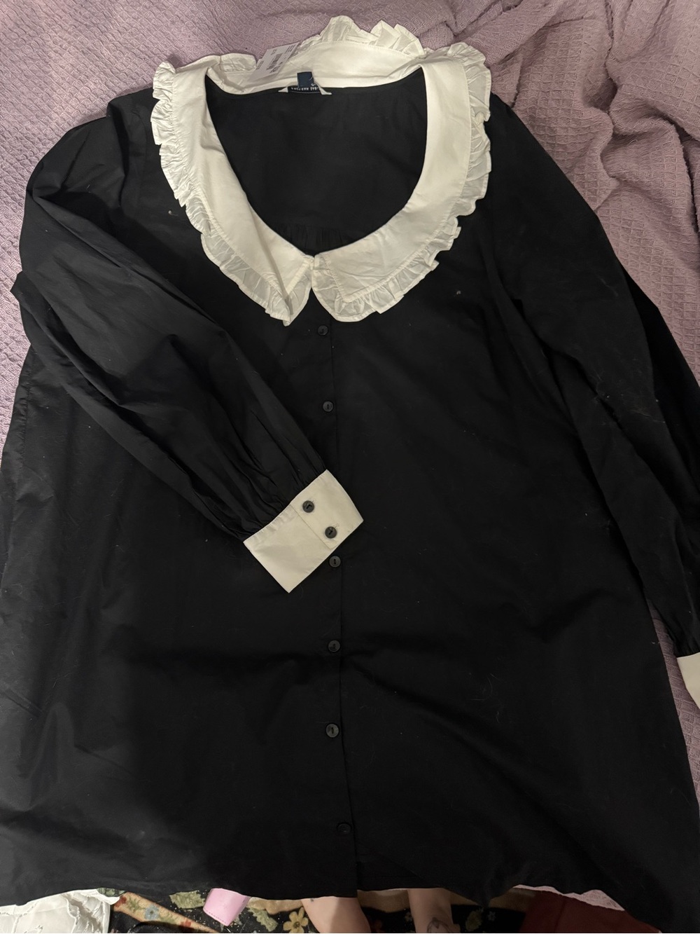 Black Button-Front Dress with White Ruffled Collar